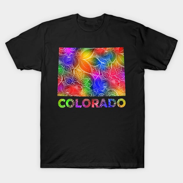 Colorful mandala art map of Colorado with text in multicolor pattern T-Shirt by Happy Citizen